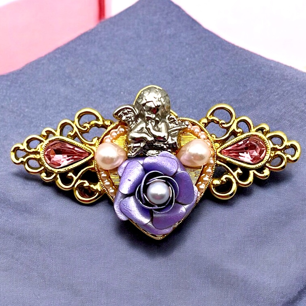 Vintage 1928 Brand Cherub Brooch with Ornate Victorian Details
